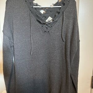 Gray Lace-Up Sweater